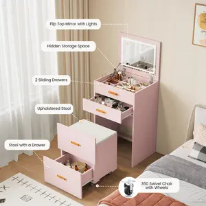 3-in-1 Compact Vanity Desk with Mirror & Adjustable LED Lights – Dressing Table Set with Storage bedside table & Rolling Chair – For Girls' Bedrooms, Apartments