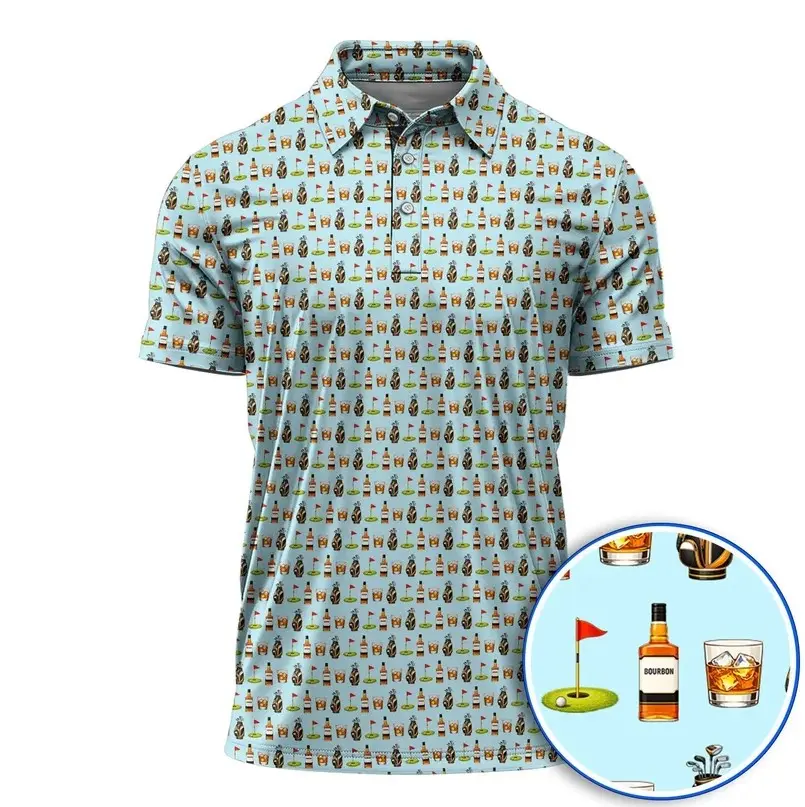 Golf & Bourbon Light Blue Pattern 3D Polo Shirt, Whiskey Bottle & Golf Flag Graphic Print Performance Shirt, Novelty Summer Unisex Apparel