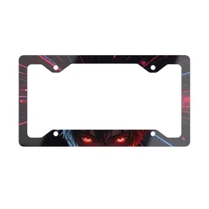 Neon Cyber Demon Red Glowing Eyes Metal License Plate Frame Anime Art Unique Cutout Shape Vivid Full Color Printing Durable White Aluminum 12.3 x 6.5 Inches