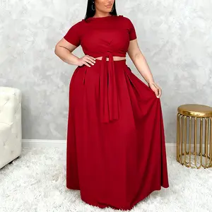 Boho Bandage Top Skirt Set for Women Plus Size 2 Piece Dress Outfits Short Sleeve Bandage Wrap Empire Crop Top and High Waist Maxi Skirt Set for Party Casual Wear Clothes Solid Style Women'swear - Cute