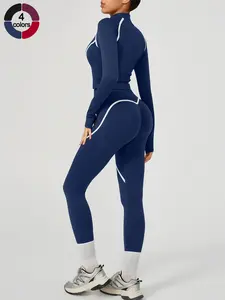 Women's Sporty Colorblock Tracksuit Set, High Elasticity Slim Fit Long Sleeve Top & Below Ankle Pants, Fall Winter Yoga Gym Wear, Sportswear For Running