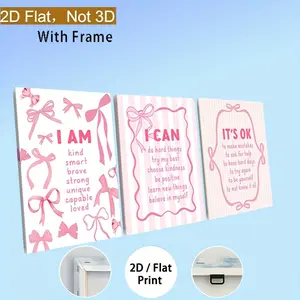3-Piece Framed 2D Wall Decorative Prints - Wooden Frame, Blush Pink Bow, Positive Vibes, Minimalist Waterproof Glossy, Storage Box Functionality - Artistic Nursery Room, Light Kitchen Home Decor Supplies