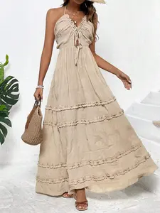 Solid Color Backless Halter Tie Frill Hem Dress