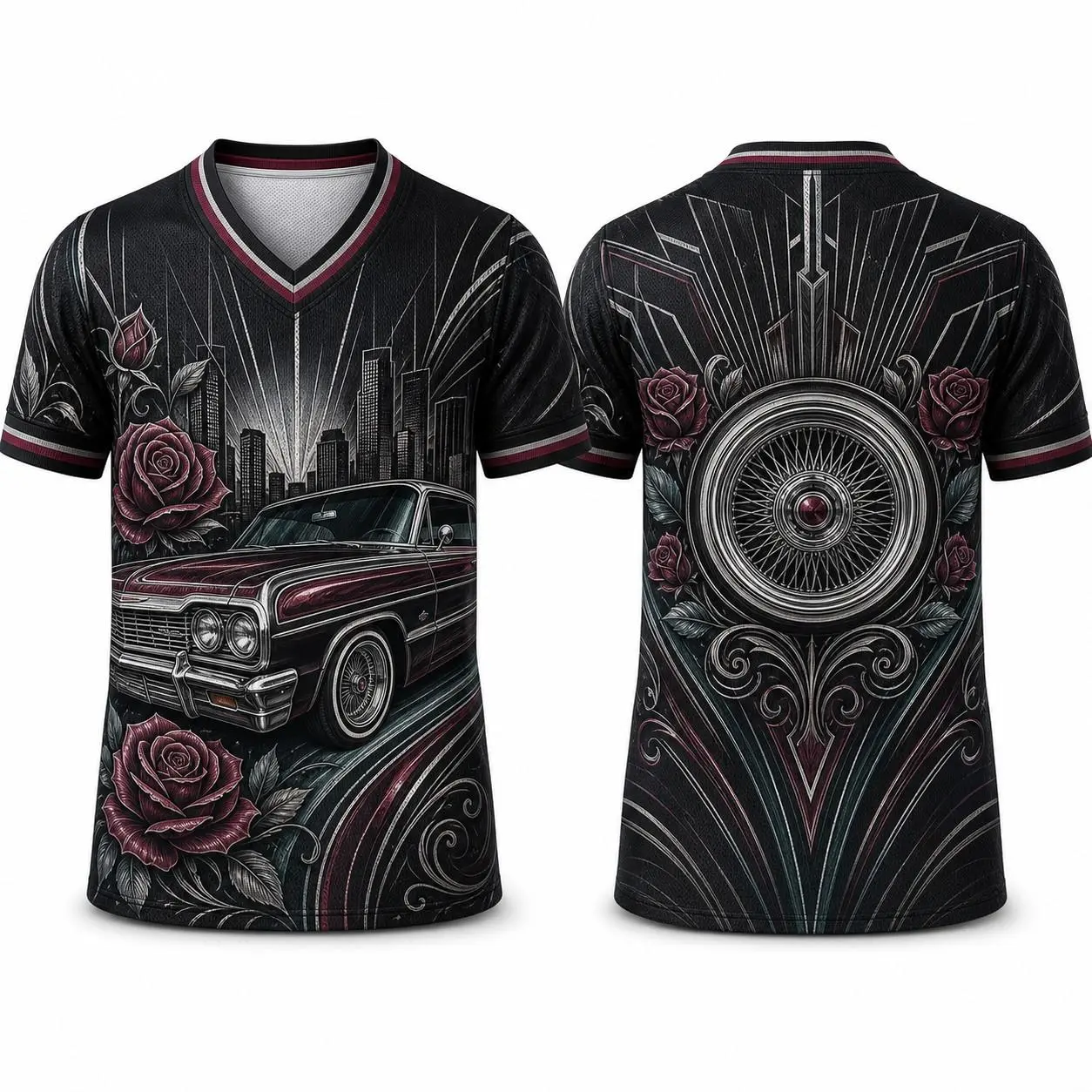 Mexican Independence Day Inspired Chicano Lowrider V Neck Mesh Shirt, All Over Print Short Sleeve Athletic Jersey, Unisex Cultural Streetwear for Men and Women