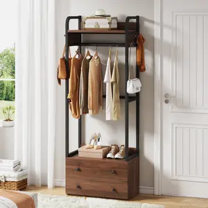 LITTLE TREE Freestanding Closet Organizer Small Clothes Rack Coat Rack with Drawers and Shelves, Heavy Duty Small Garment Rack Industrial Hall Tree for Hallway, Entryway, Bedroom