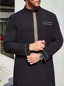 Arabian Islamic Traditional Men's Robe, Authentic Saudi Thobe with Gold Embroidered Collar, Fitted Woven Fabric, Perfect Gift for All Seasons