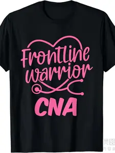 Frontline Warrior CNA Nurse T-Shirt - Heavyweight 220GSM Pure Medical Scrubs Shirt, with Pink CNA Lettering - Unisex Nursing Apparel Nursing Assistants - All-Season Work Attire for Hospital, Clinic, Long-Term Care - Frontline Healthcare Worker Gift