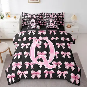 Feelyou 7-Piece Bow Print Bedding Set - Initial Letter Q Coquette Bed-in-a-Bag, Pink and Black Design, Multi-Size Option for Teen Girls, Seven Pieces