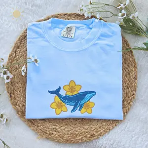 Humpback Whale Embroidered Comfort Colors Shirt, Coastal Ocean Tee, Humpback Whale Aesthetic Ocean Shirt