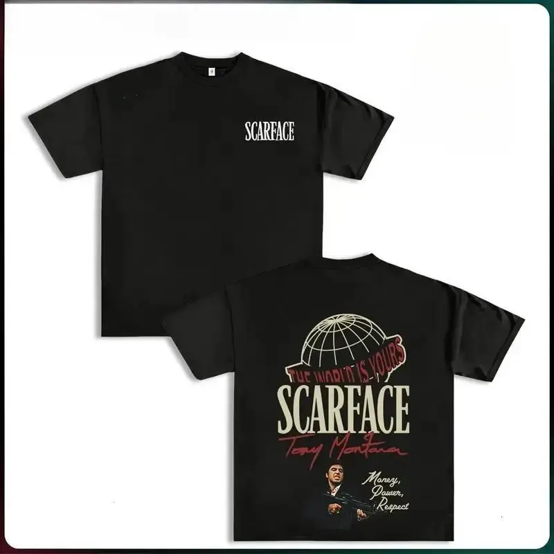 Scarface Two Sides Graphic Tee - The World is Yours Design with Tony Montana Iconic Image Perfect for Movie Fans and Streetwear Enthusiasts Menswear Casual Crewneck Tshirt