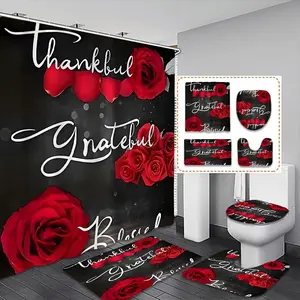 Rose Pattern Bathroom Set, Waterproof Multifunctional Shower Curtain with Hooks, Non-Slip Bath Mat, U-Shaped Toilet Pad, Perfect Gift, Shower Curtain Sets