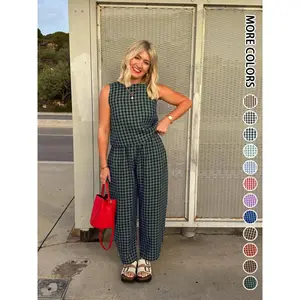 Summer New Women's 2 Piece Set Womenswear Cotton Plaid Sleeveless Crop Top Loose Fit Pocket Nine-Tenths Pants, Beach Vacation Casual Daily Wear