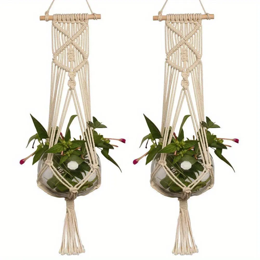 2pcs 27.56inch Long Bohemian Style Macrame Plant Hanger Rope Indoor Outdoor Hanging Flower Pots Cotton Rope Plant Flower Holder Elegant for Home, Patio, Garden Decorations