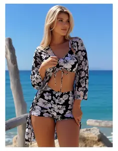 Hibiscus Swimsuit Set for Women - 3 Piece Long Sleeve Cover Up Bathing Suit - Halter Bikini Top with High Waisted Shorts - Black & White Floral Beachwear