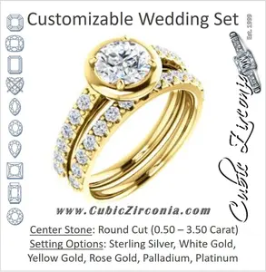 CZ Wedding Set, featuring The Lynette engagement ring (Customizable Cathedral-style Bezel-set Round Cut 13-stone Design with Round Band Accents)