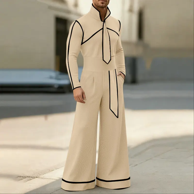 INCERUN Menswear 2-Piece Elegant Simple Basic Jumpsuit Set, Men's Tie Collar Long Sleeve Colorblock Slim Fit Shirt & Elastic Waist Wide-Leg Long Pants, Spring/Fall Casual Outfit, Plain