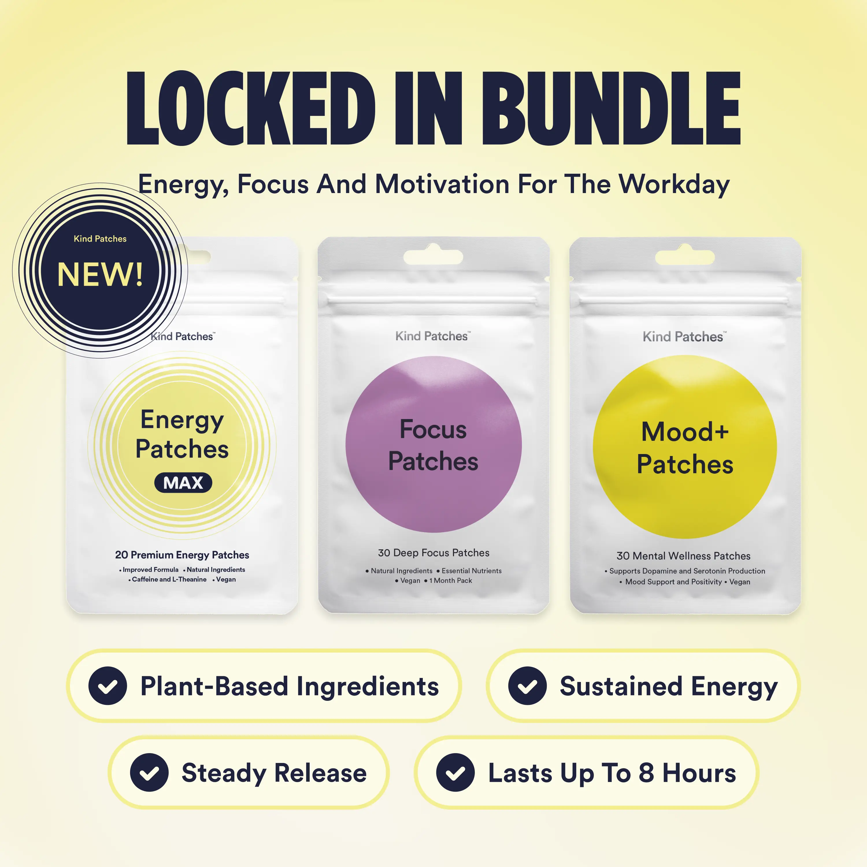 Kind Patches Locked In Bundle: 20 Energy MAX Patches + 30 Focus Patches + 30 Mood+ Patches, Sustained Energy, Focus & Mental Clarity, Mood Support, L-Theanine, Guarana Extract, Daily Wellness