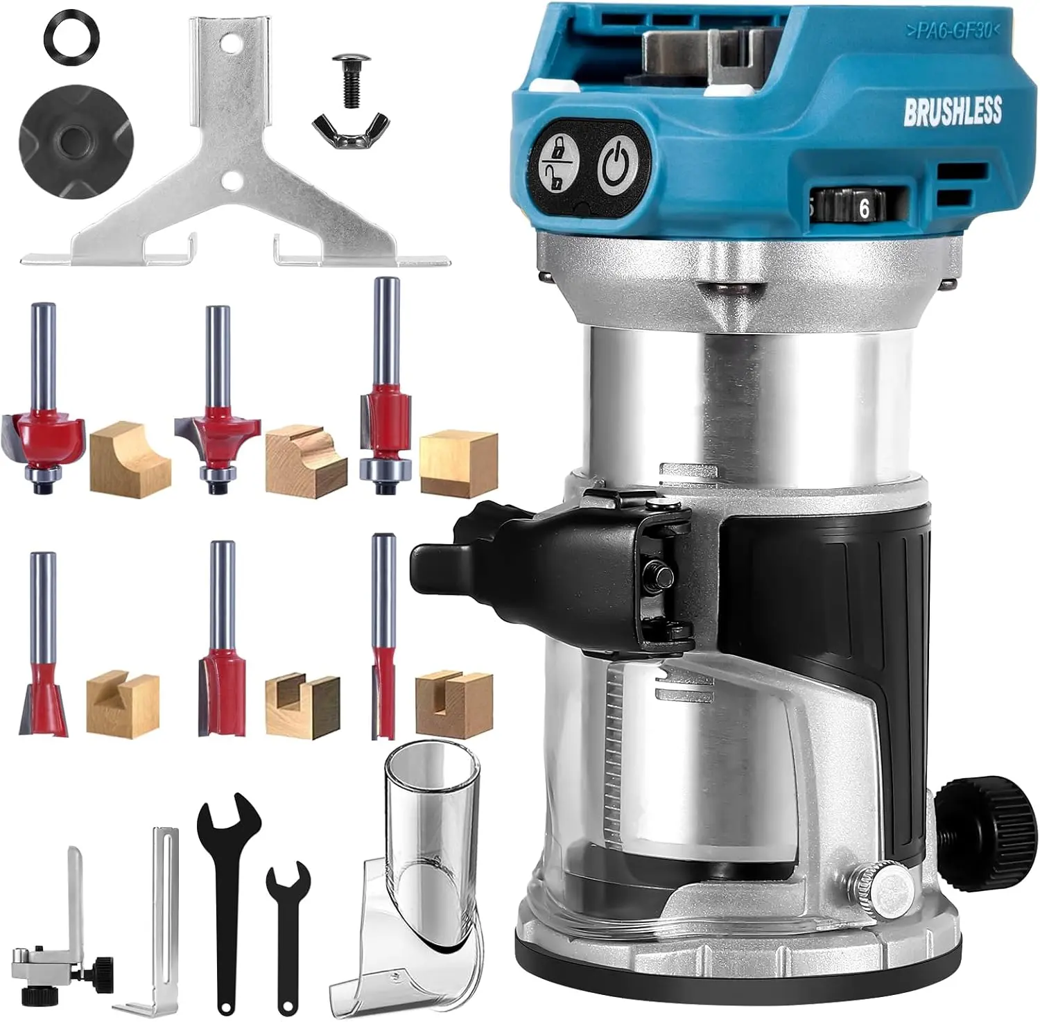 Cordless Compact Router Compatible with Makita 18V Battery, 800W Brushless Motor 30,000RPM 6-Speed, Woodworking DIY with Edge Guide Dust Hood & 6 Router Bits(No Battery)
