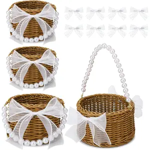 4 Pack Flower Girl Basket Wicker Rattan Storage Baskets with Pearl Handle and Bows Eggs Candy Storage for Wedding Easter Garden Decor