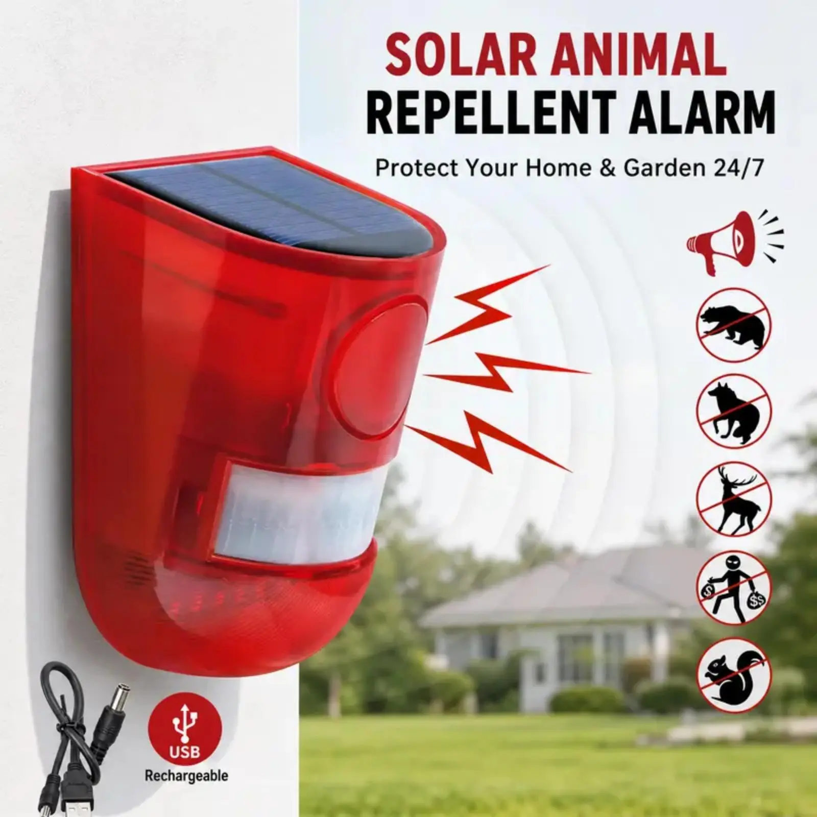 Home Security Solar Alarm, 129dB Loud Motion Sensor Siren with Flashing Strobe Light, IP65 Waterproof Outdoor Anti-Theft Protection for Farm, Yard & Property