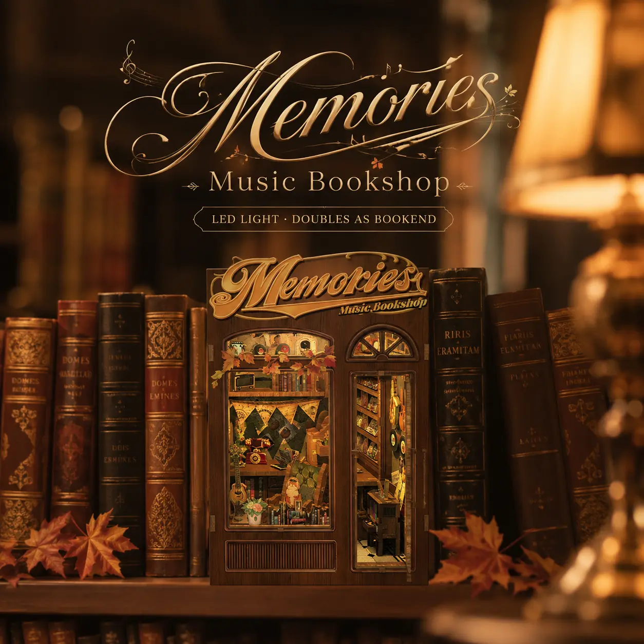 Memories Music Bookshop DIY Book Nook Kit with LED Light – Wooden Miniature Cozy Bookstore Scene, 3D Puzzle Building Model (136 PCS), Perfect Bookshelf Decoration & Gift for Book Lovers