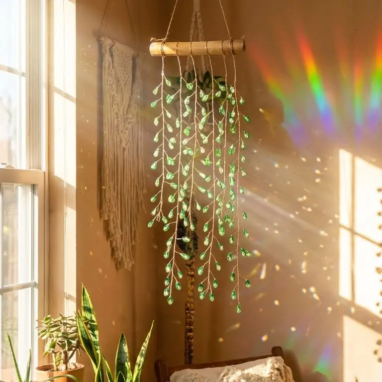 Green Willow Suncatcher/crystal plant suncatcher – Handmade Bohemian Window Decor with Real Wood & Crystal Glass Beads, Rainbow Light Catcher for Home, Garden, suncatcher plant hanger， raised garden beds Gift Idea weeping willow tree Faux Ivy wall planter