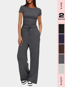 Women's Solid Ruched Tee & Wide Leg Pants Loungewear Set, Casual Comfy Round Neck Short Sleeve Fitted T-shirt & Trousers Pj Set, Ladies Sleepwear for Indoor Wear