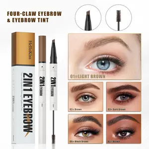 Hello Kiss 2 in 1 4-Tip Dual-Ended Eyebrow Pencil & Eyebrow Gel, Eye Brow Pen Product, Waterproof & Sweatproof, Long-Lasting, Ultra-Fine Realistic Pencil End, Eye Makeup Cosmetic Brown Color