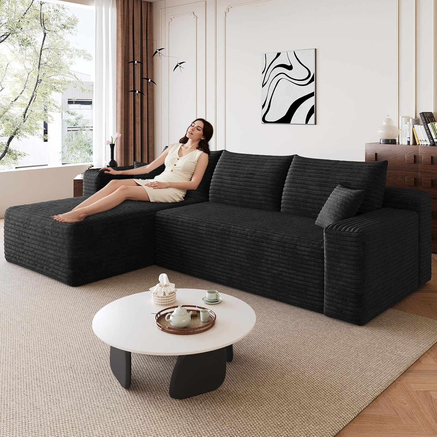 94" Modular Sectional Sofa Couch, Modern Corduroy Cloud Couch, Boneless Couch Upholstered 3-Seater L-Shaped Sofa for Living Room, No Assembly Required (Black,Left-Facing Chaise)