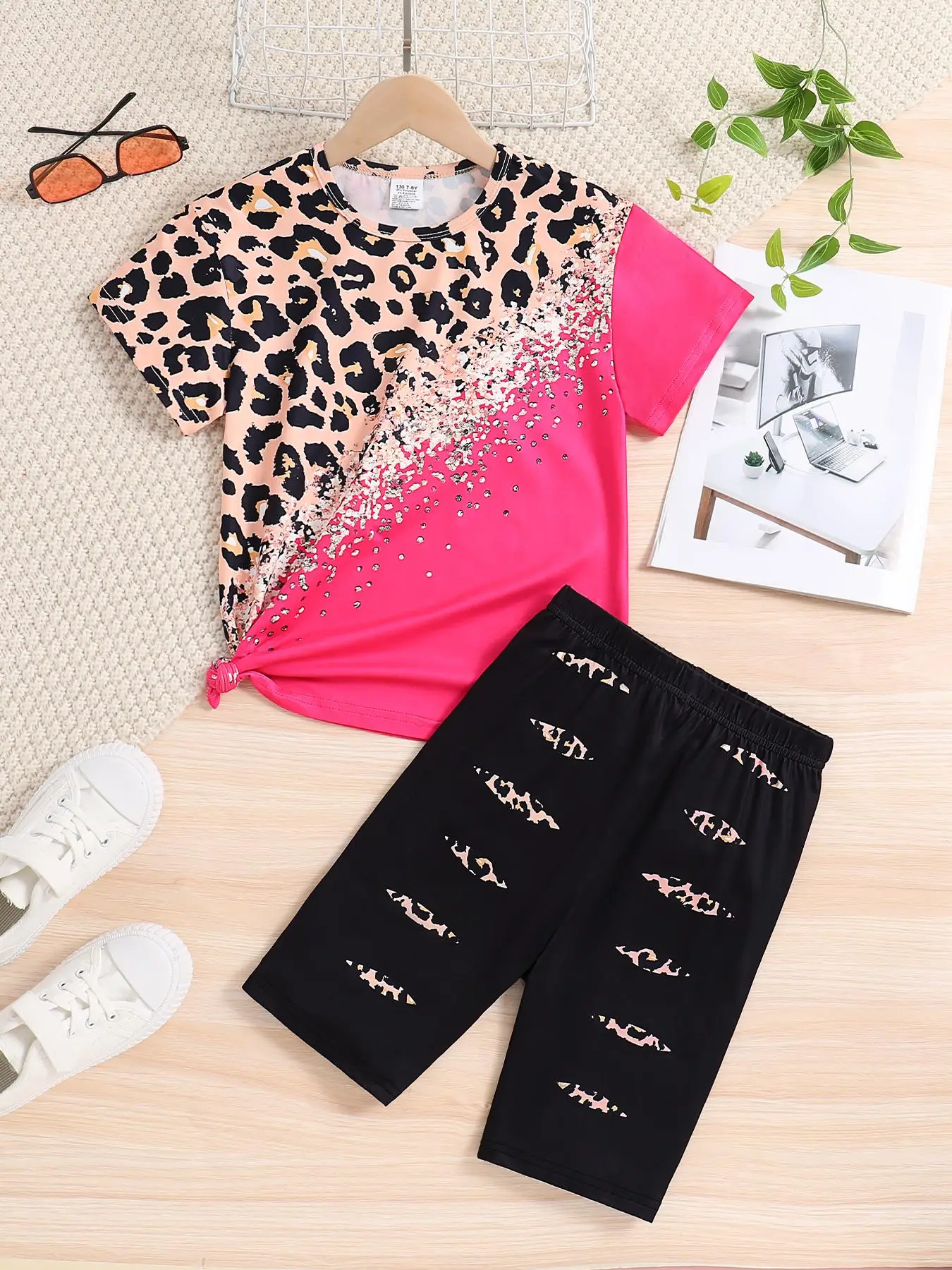 Girl's Leopard Print Short Sleeve Tee & Shorts Two-piece Set, Casual Round Neck T-shirt & Shorts for Summer, Kids Clothes for Daily Wear