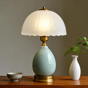 Vintage Ceramic Bedside Lamp with Green Glass Shade | French Country Aesthetic