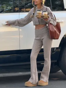 Fisoew Women's Cable Knit Sweater Set Two Piece Outfit Cropped Cardigan and High Waist Flare Pants Casual Knitwear