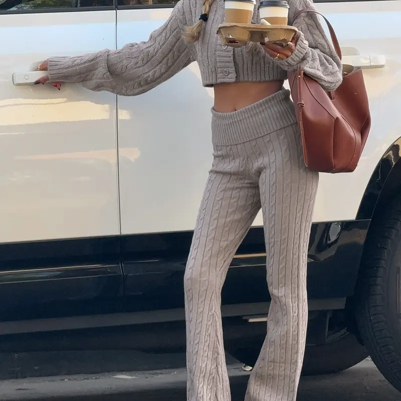Fisoew Women's 2-Piece Cable Knit Clothes Set - Long Sleeve Cropped Cardigan, High Waist Flare Pants, Soft Basic Everyday Casual Knitwear