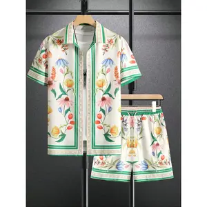 Men's Summer Beach Casual Short Sleeve Button Shirt Set, Fashion Plant Print Floral Clothing, Perfect for Outdoor Fun and PartiesGift