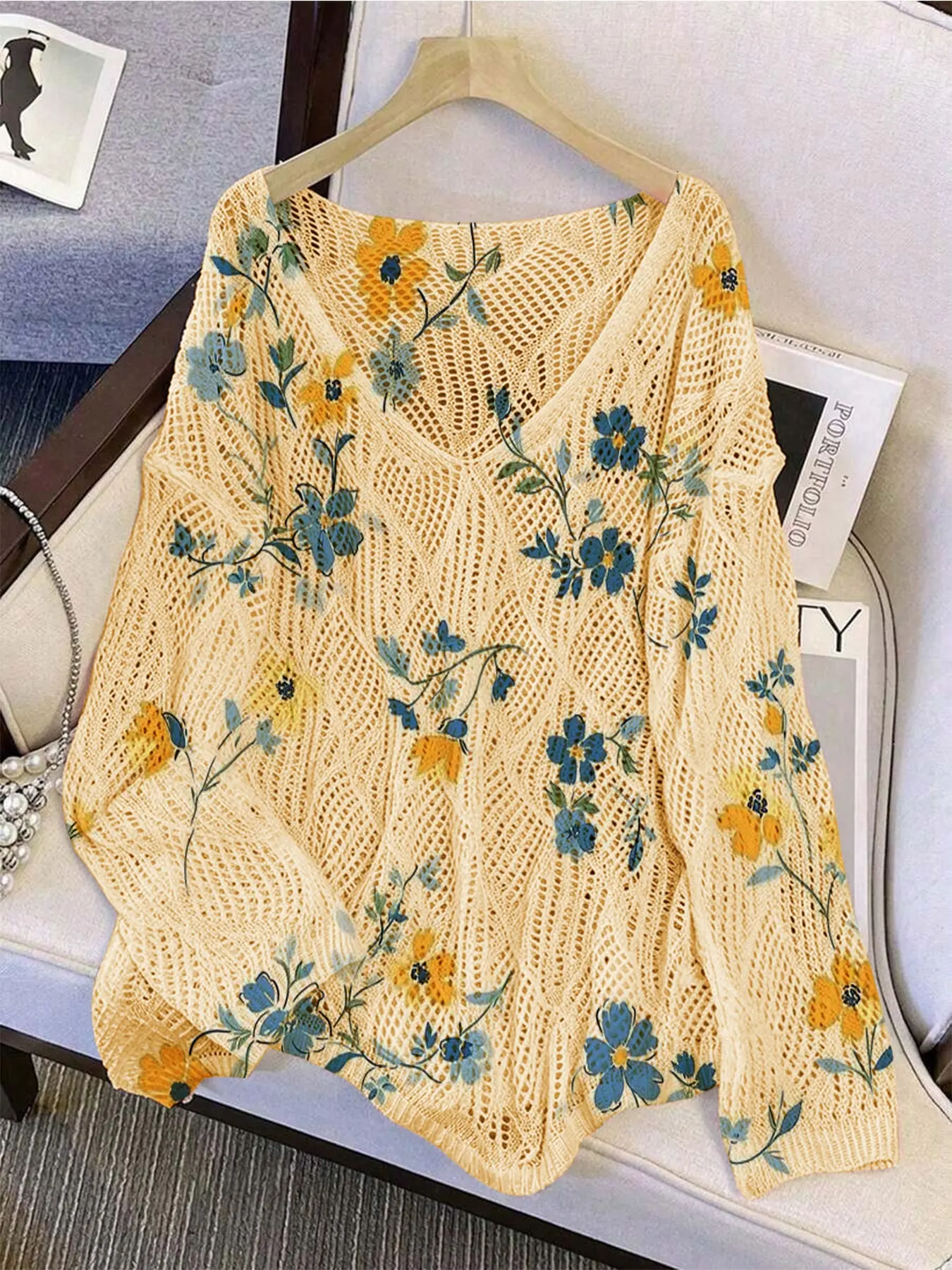Spring Summer Elegant Women's Floral V-Neck Sweater, Casual Long Sleeve Knit Top, Breathable Fashion, Hollow Out Design, All Seasons, Knitwear