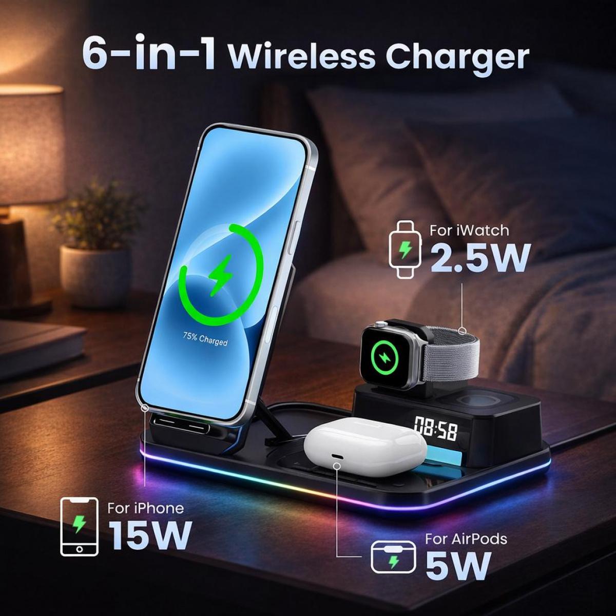 JPTREK 6-in-1 Wireless Charging Station with Speaker & RGB Light – Clean Desk Setup Must-Have
