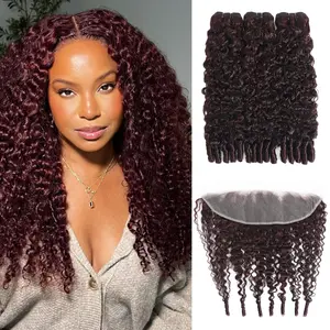 ANMETAN Dark Burgundy Bundles with Lace Frontal Burmese Curly Human Hair 99j Wine Red Colored 3 Bundles and  HD Lace Closure, Frontal 15A 100% Virgin Hair 3C4A Water Wave Spiral Ends