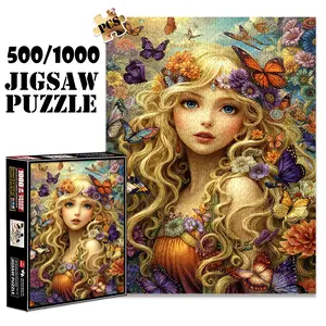 1pc 1000 piece adult puzzle 70x50cm Woman with Long Curly Blond Hair Surrounded by Butterflies and Flowers 500 pieces of paper jigsaw puzzle, suitable for adults and families, large-scale DIY puzzl