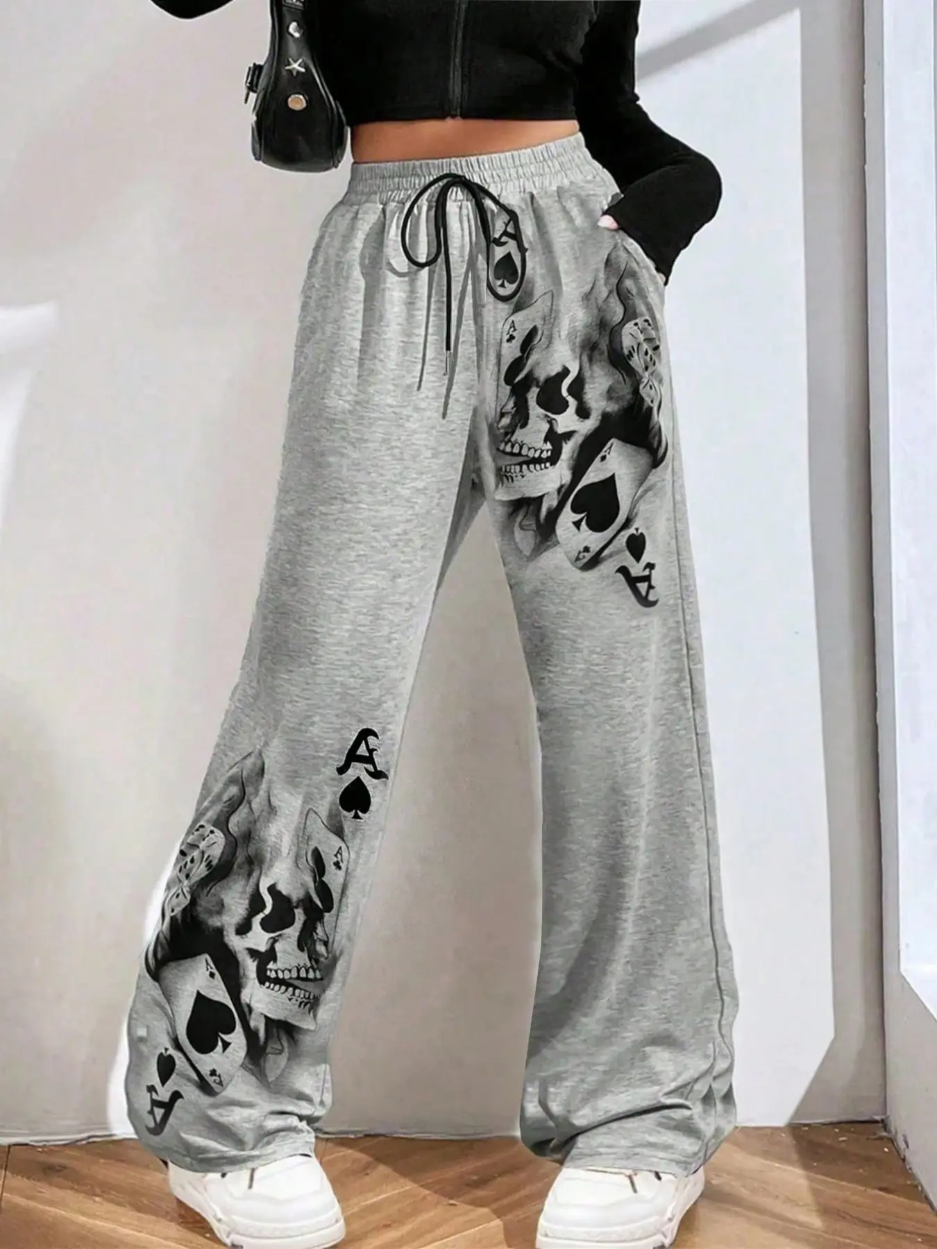 Halloween Women's Casual Loose-Fit Long Knit Pants Bottoms, All Season Pants, Loungewear, Skull Skeleton Poker Print, Daily Wear Fashion, Suitable for Home & Outdoor Activities, Womenswear Piece