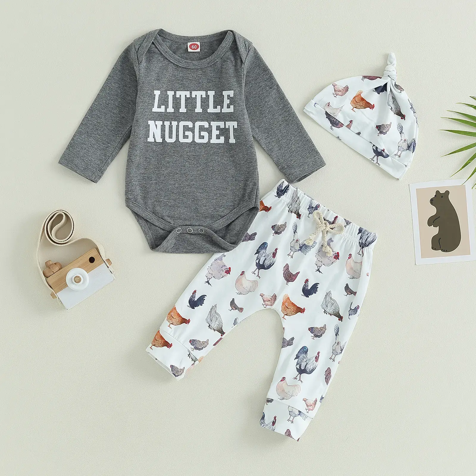 Newborn 3-Piece Farm Theme Baby Clothing Gift Set, Cotton Blend Bodysuit, Long Pants & Hat for Infant Coming Home Outfit