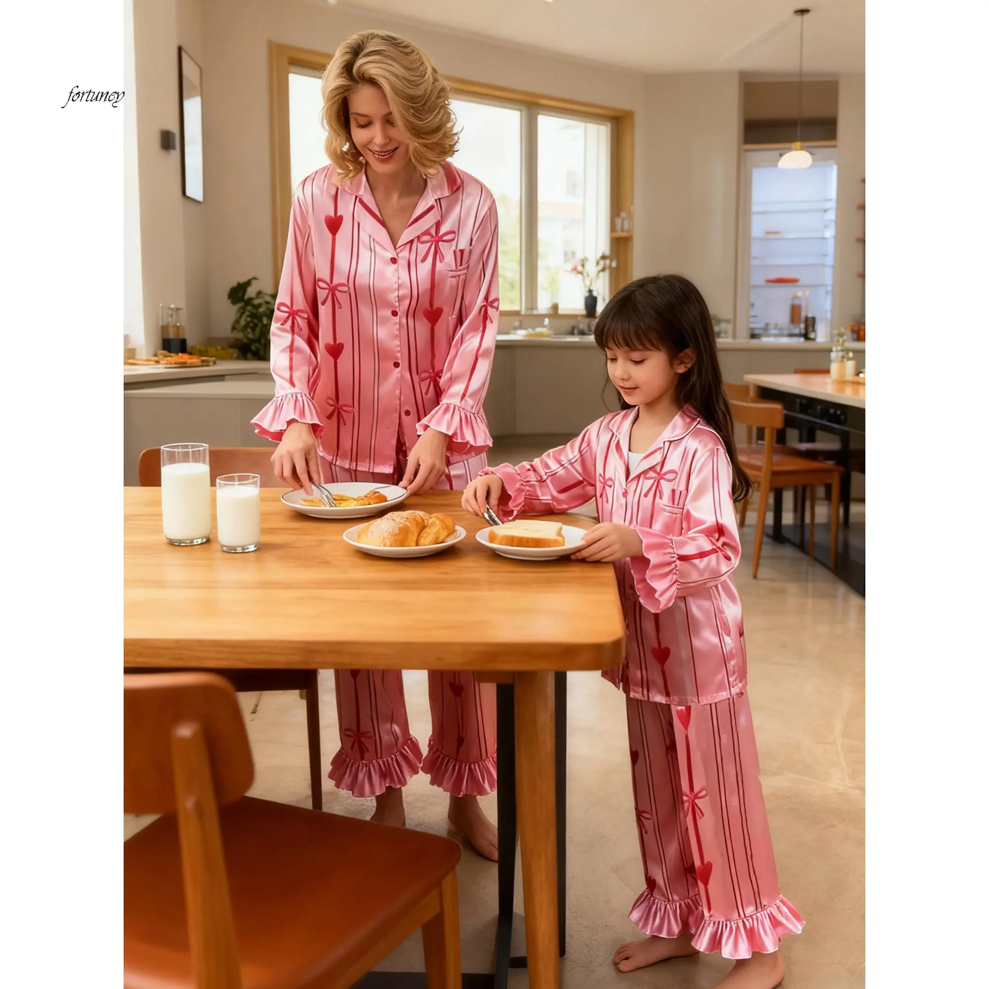 Lady & Girl Matching 2-Piece Nightwear Set - Ruffled Long-Sleeve Bow Heart Print Polyester Tops & Trousers for Mother-Daughter Outfits
