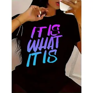Women's "It Is What It Is" Gradient Graphic Tee -    Soft Crew Neck Short Sleeve Tee, Black to Purple Gradient Lettering, Casual and Fitness Wear, 180gsm Breathable Fabric, Machine Washable, All Season Tops | Casual Style | Soft Fabric