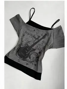 Women's 2 in 1 Notes & Guitar Print Halter TeeY2k Casual Top for Summer Ladies Clothes for Daily Wear Grey Black