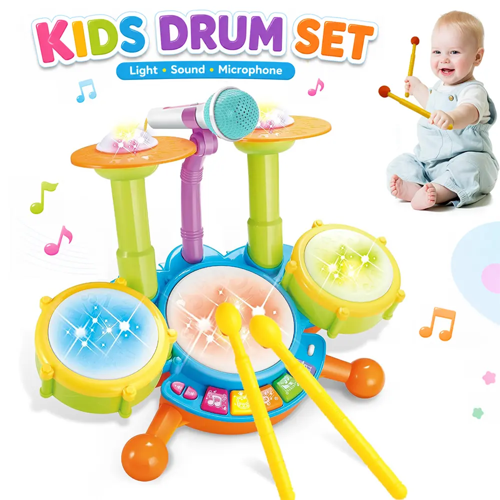 Toddler Drum Set with Microphone and Lights, Electronic Musical Instrument Toy with Songs, Rhythms, Sound Effects and Volume Control Interactive Musical Toy for Birthday and Christmas