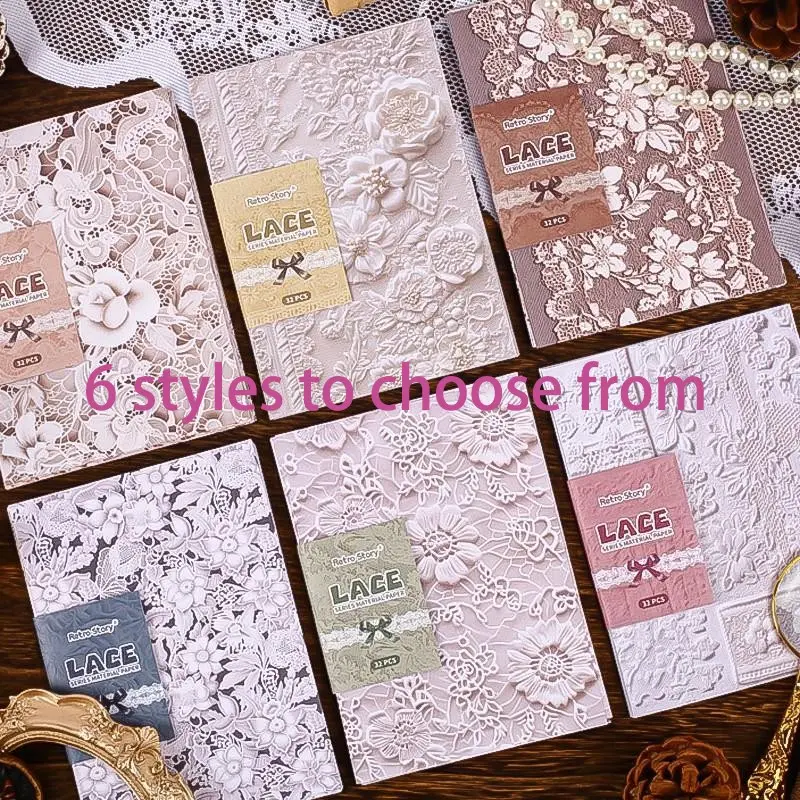 32 Sheets/lot Lace Series Paper Material, Vintage Embossed Texture Handmade Scrapbook Decoration, Perfect for DIY Card Making & Craft Projects, Handmade Crafts, Scrapbook Materials