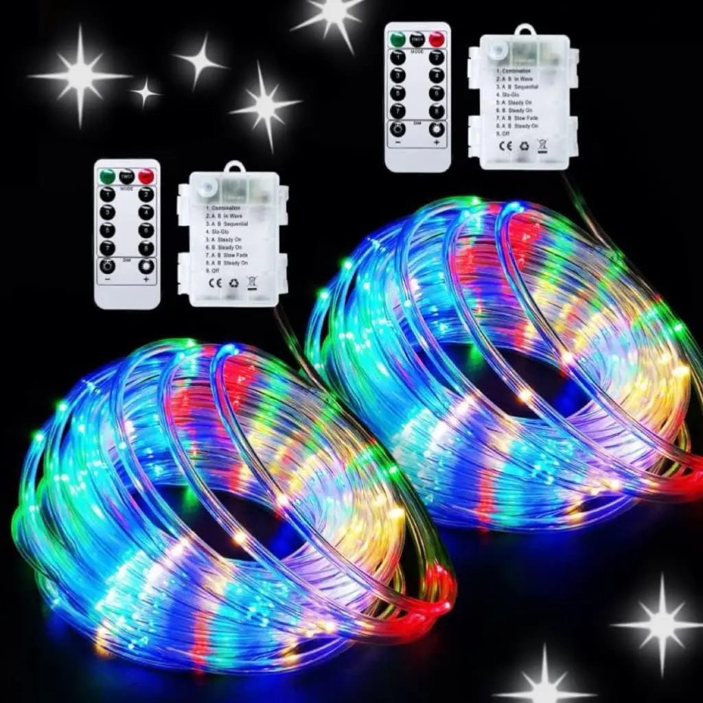 JMEXSUSS 2 Pack Battery Operated String Lights Outdoor, Total 200 LED 8 Modes Battery Powered Rope Lights with Remote &Timer, Camping Lights for Car Trampoline Tree Garden Camping Decor (Multicolor)