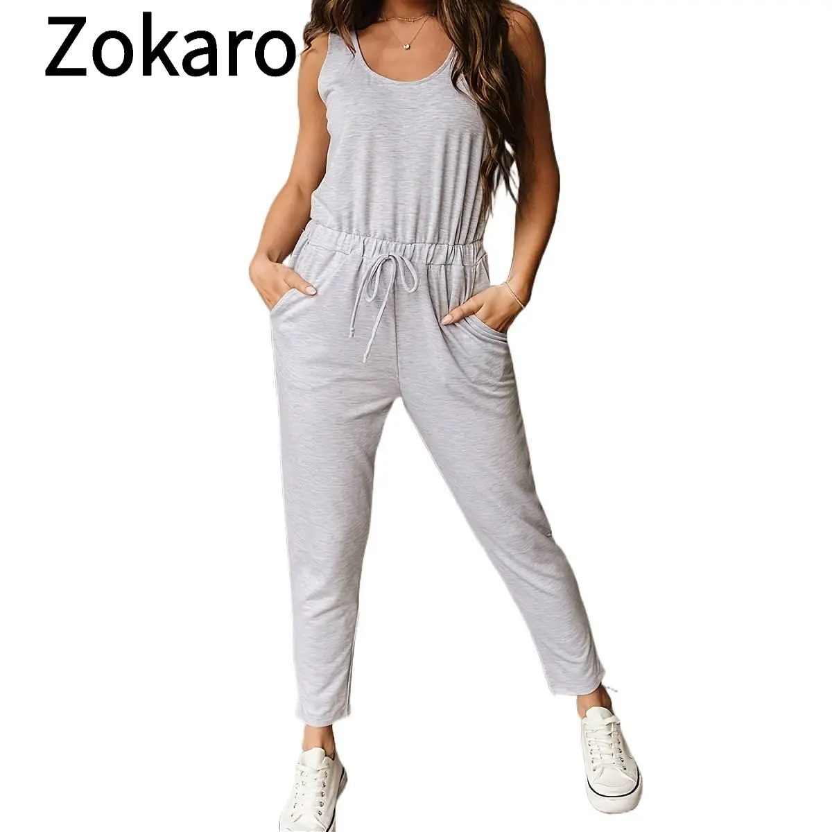 Women's Light Grey Sleeveless Jumpsuit with Pockets - Casual Tapered Pants for Spring and Summer, Perfect for Everyday Wear, Trendy Street Style, Cozy and Stylish Outfit for Any Occasion