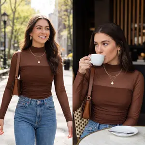 Women's Contour Long Sleeve Mesh Body Sculpting Top Premium Seamless Leotard for Evening Wear Trendy Outfits Breathable Comfortable Versatile Stylish Design Shirts Womenswear in Polyester & Elastane - Smooth