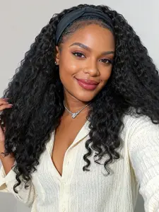 Afro Curly Headband Wig Synthetic Braided Hair Texture with Unique Bouncy Curls in the End 22 Inch Soft Curly Headband Wigs for Black Women natural black Kinky Hair Natural Looking Wig