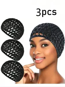 1 set Women's 3-Piece Hair Net Set - Sleep Cap, Bonnets for Sleeping, Neck Gaiter & Wig Liner, Black Mesh Crochet Design for Ballet, Chef Bun & Long Hair Styling